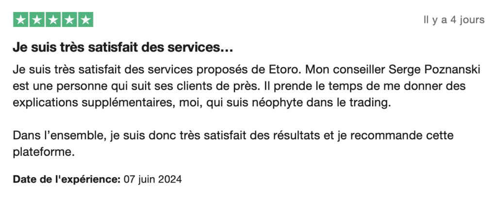 Avis client Trustpiloit sur eToro