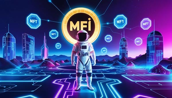 Illustration futuriste de MetFi, représentant un cosmonautes tenant un NFT holographique dans un environnement de finance décentralisée et Web3.