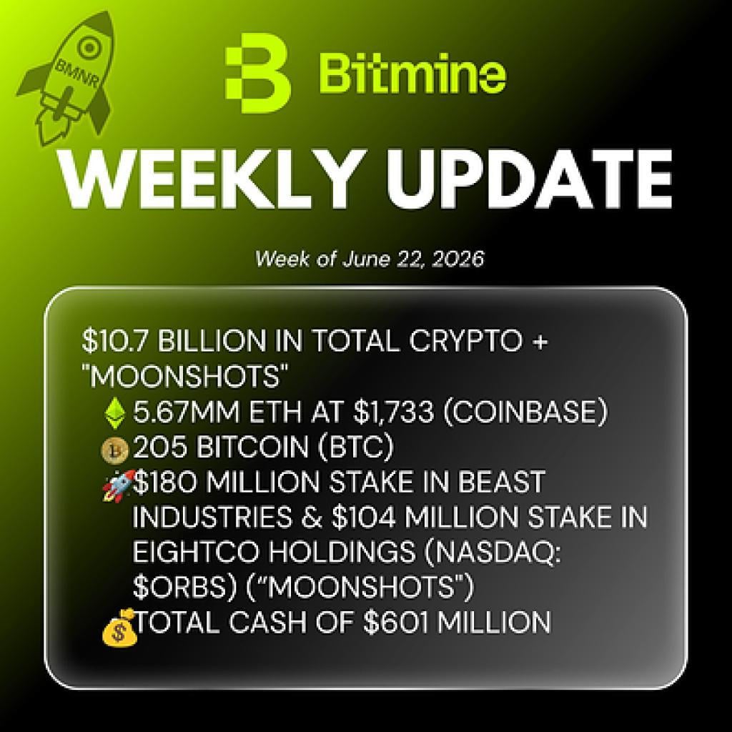 Bitmine Reports 5.67M ETH Holdings, Total Assets Reach $1...